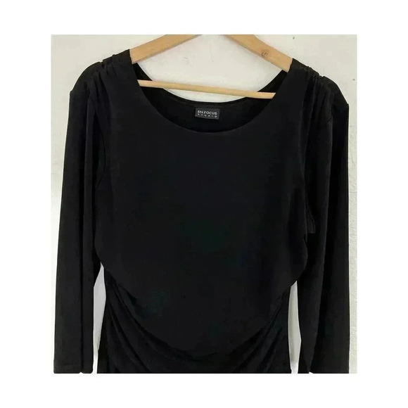 Black Cling Black Stretch Dress Sz Medium Ruched VTG EnFocus Studio Women's - Picture 6 of 13